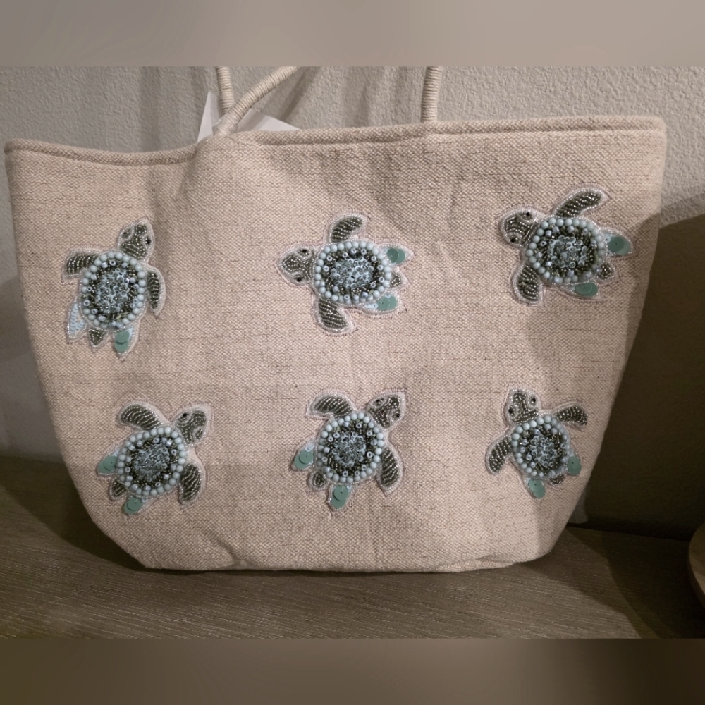 Embroidered Beaded Turtle Tote Bag
